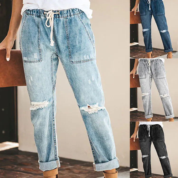 Women's Straight Ripped Jeans with Drawstring & Pockets