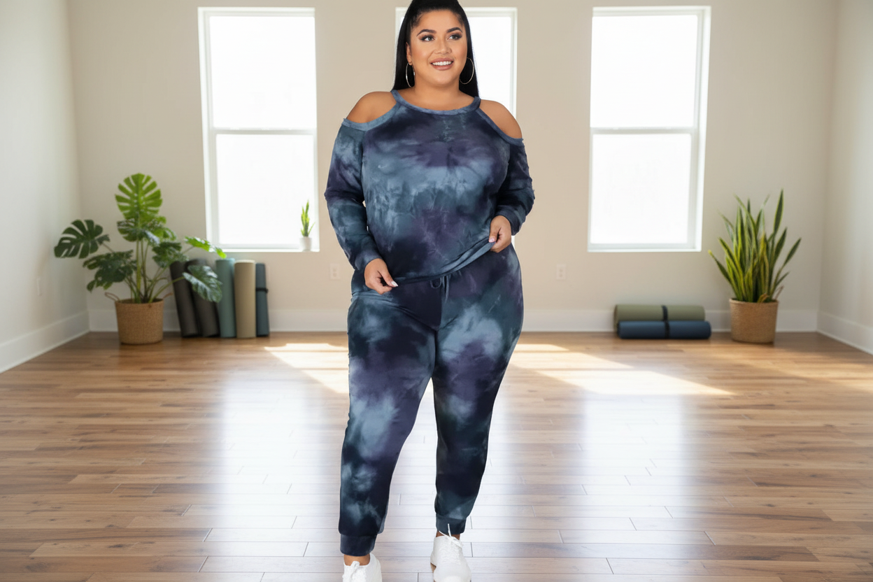 Plus Size Women's Off Shoulder Tie Dye Casual Suit
