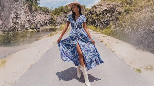 Floral Print V-Neck Slit Midi Dress