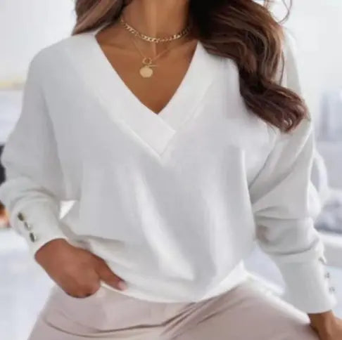Button V-Neck Sweatshirt