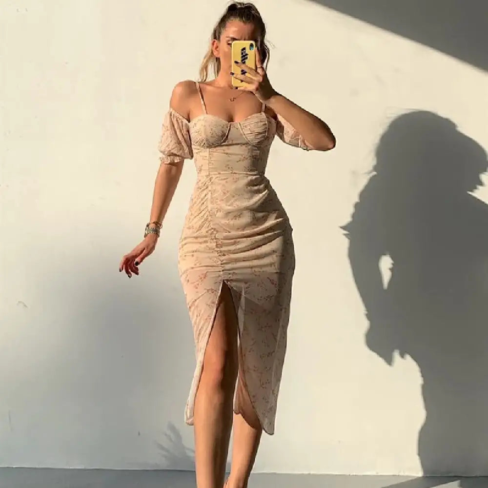 Irregular Spaghetti-Strap Floral Midi Dress