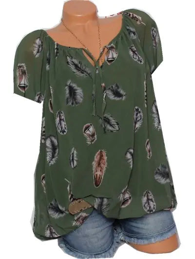 Loose Fit V-Neck Short Sleeve Feather Print Blouse