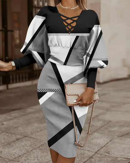 Elegant Women's V-Neck Long Sleeve Pencil Dress