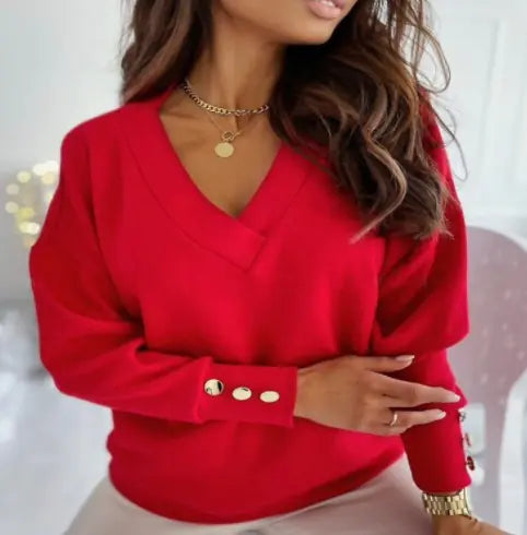 Button V-Neck Sweatshirt