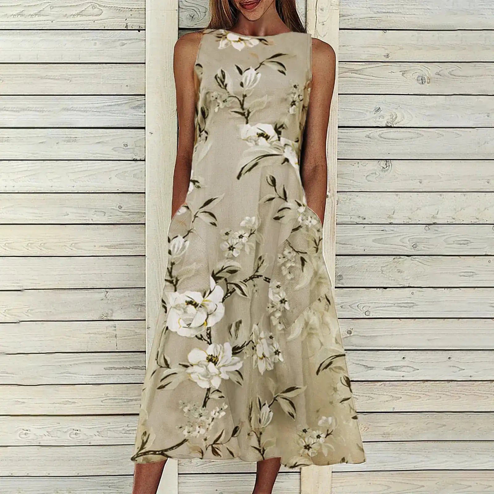 Floral A-line Dress with Round Neck and Mid-length Dress