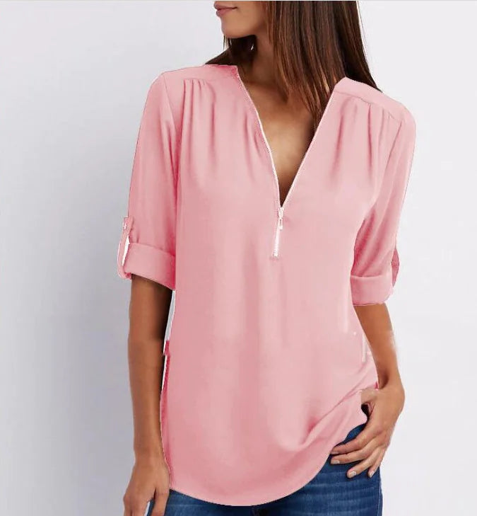 Plus Size V-Neck Long Sleeve Zip Chiffon Blouse