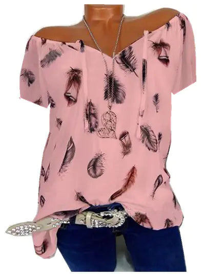 Loose Fit V-Neck Short Sleeve Feather Print Blouse