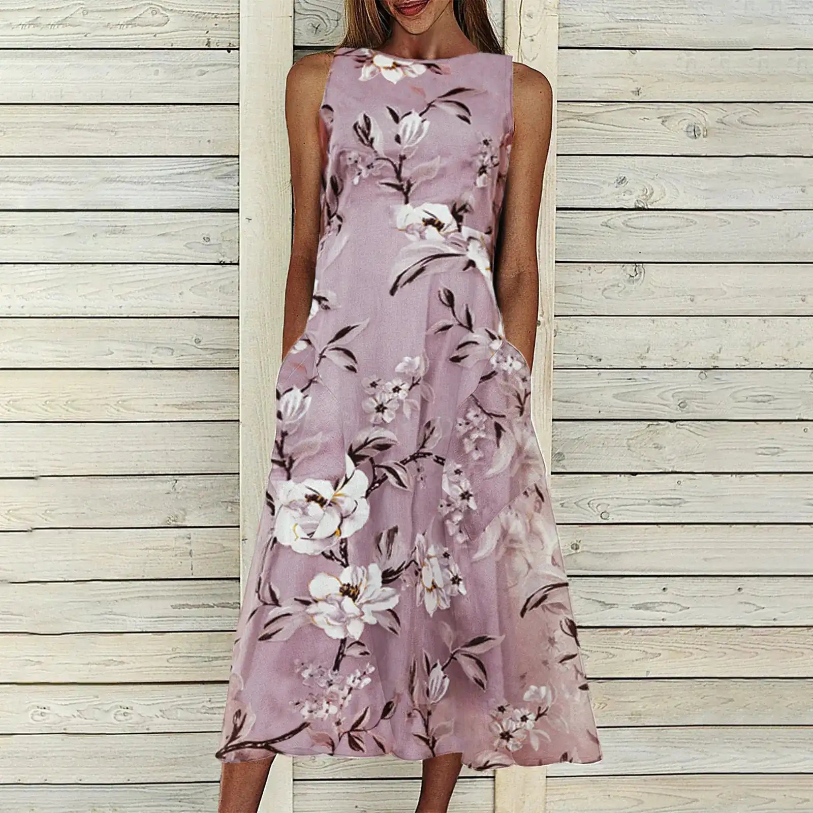 Floral A-line Dress with Round Neck and Mid-length Dress