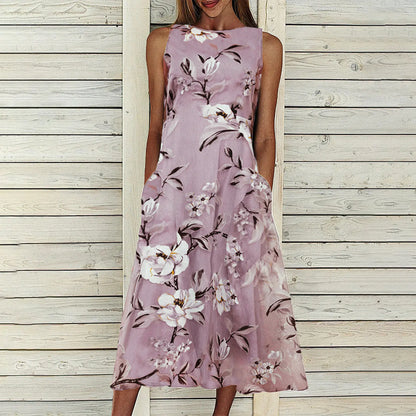 Floral A-line Dress with Round Neck and Mid-length