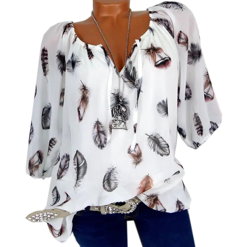 Loose Fit V-Neck Short Sleeve Feather Print Blouse