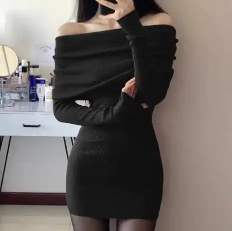 Off-shoulder Knit Dress Women Sweater Dress 