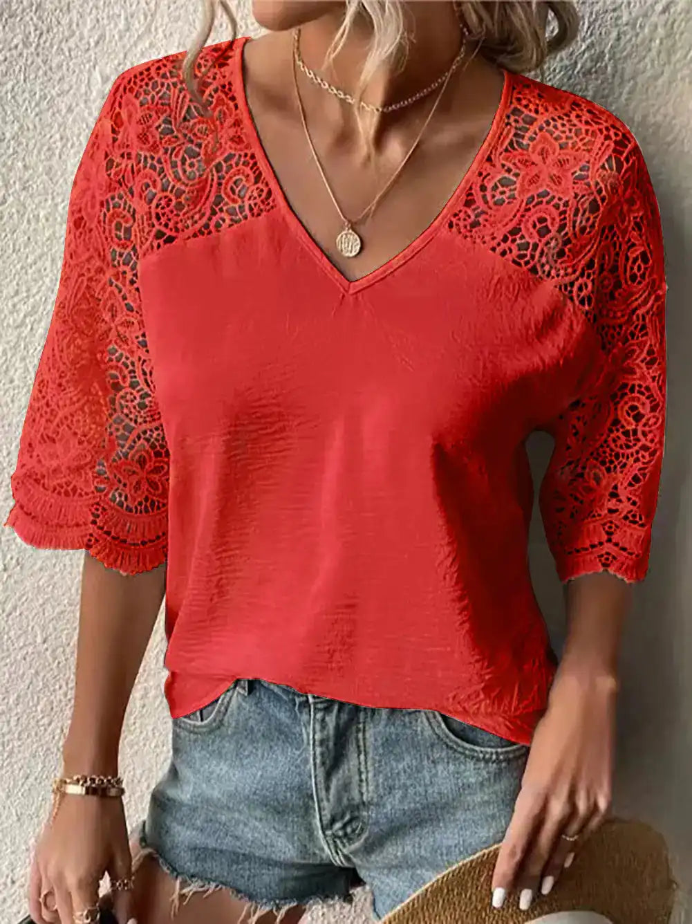 Yellow V-Neck Lace Hollow Loose Shirt